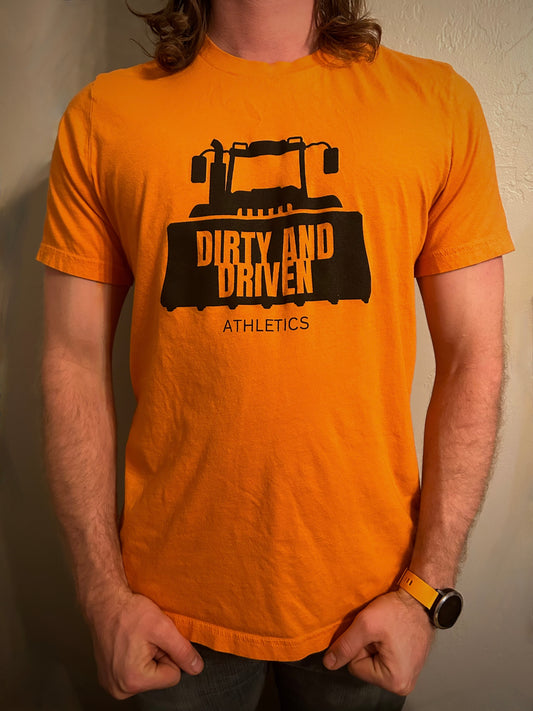 Dirty and Driven Logo Athletics T - Orange T Shirt with Black Logo- Unisex