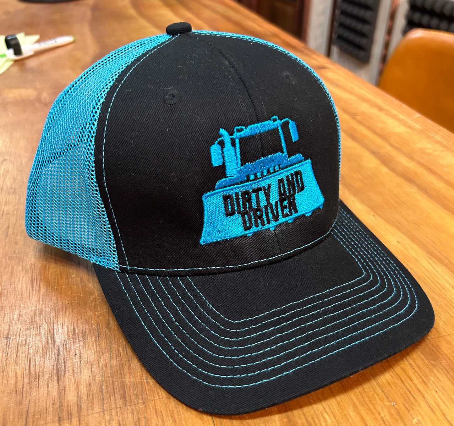 DIRTY AND DRIVEN HAT- Black, Aqua Blue Mesh and Logo w/ Black Lettering