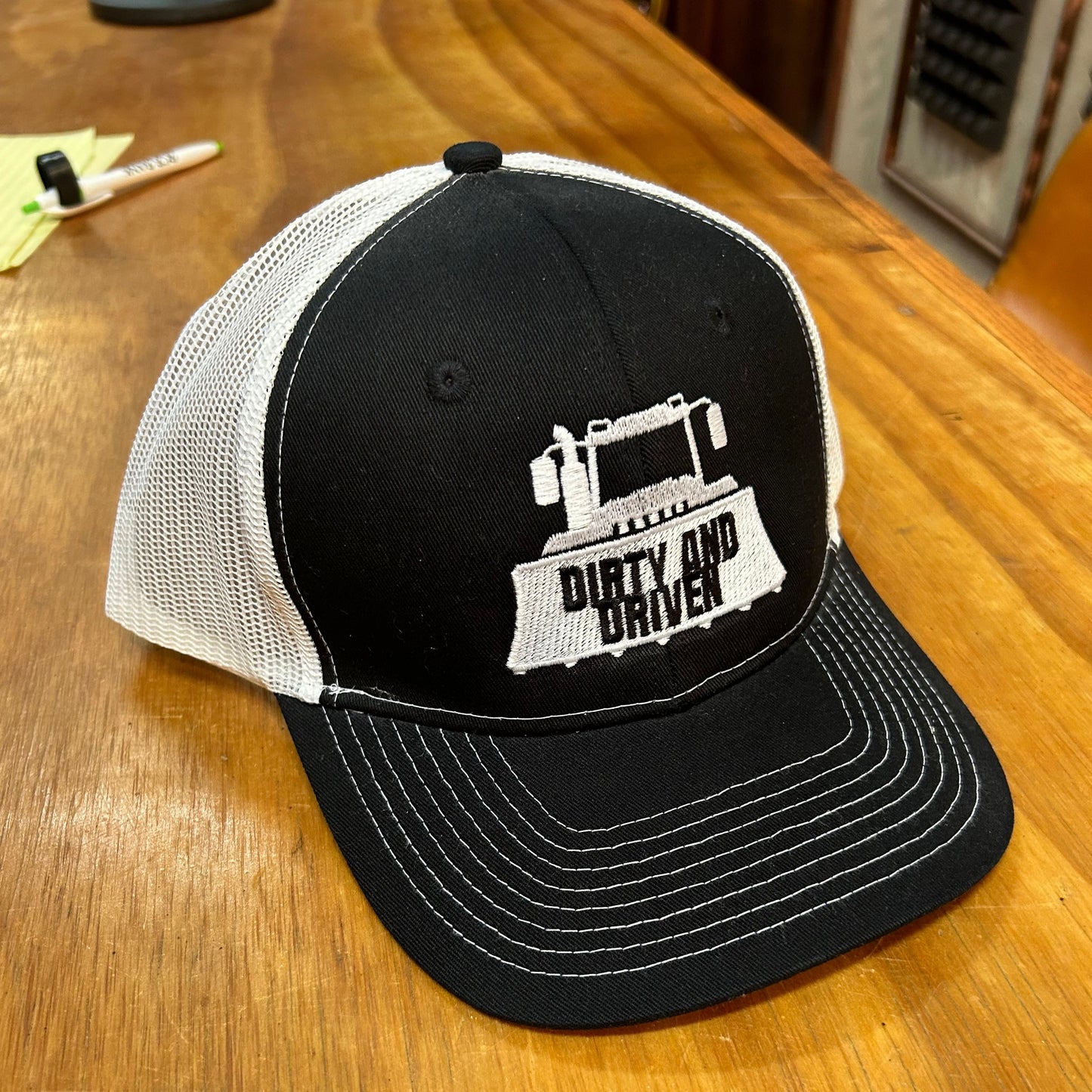 DIRTY AND DRIVEN HAT- Black, White Mesh, White Logo w/ Black Lettering