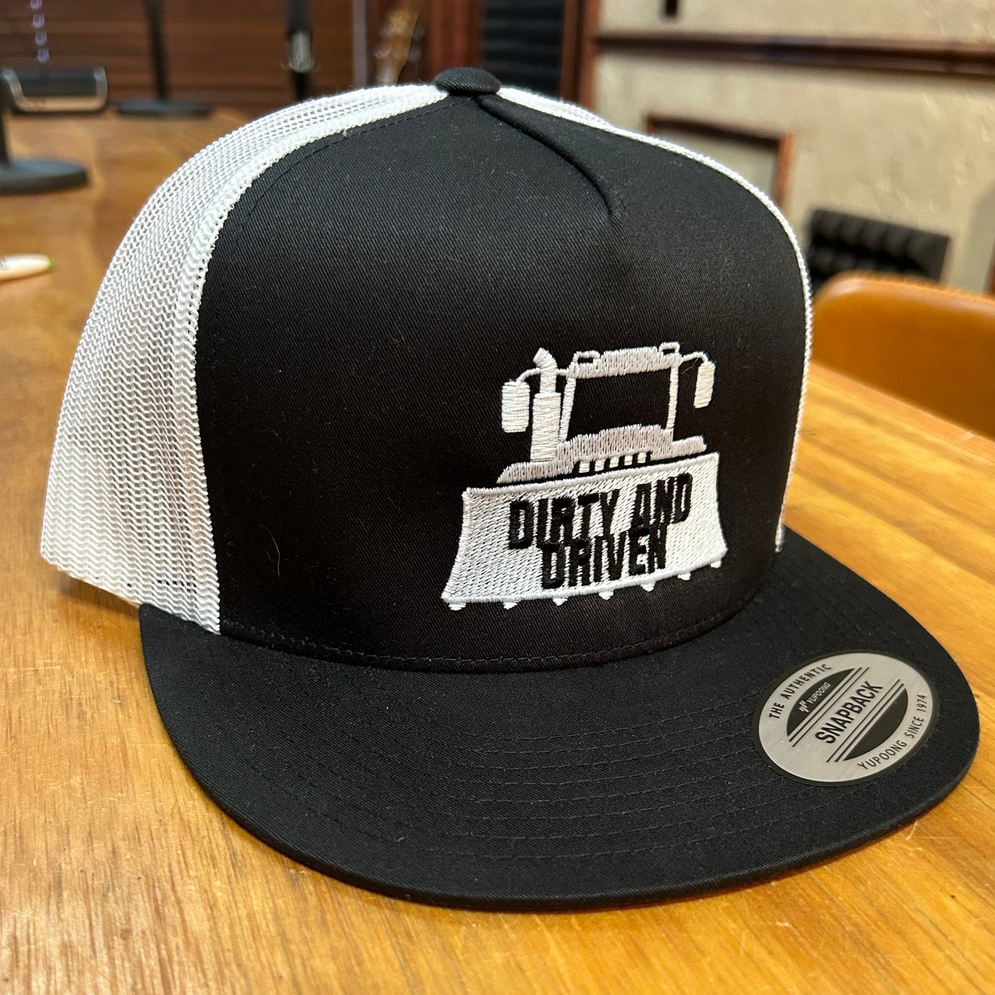 DIRTY AND DRIVEN HAT- Flat Bill- Black, White Mesh, White Logo w/ Black Lettering