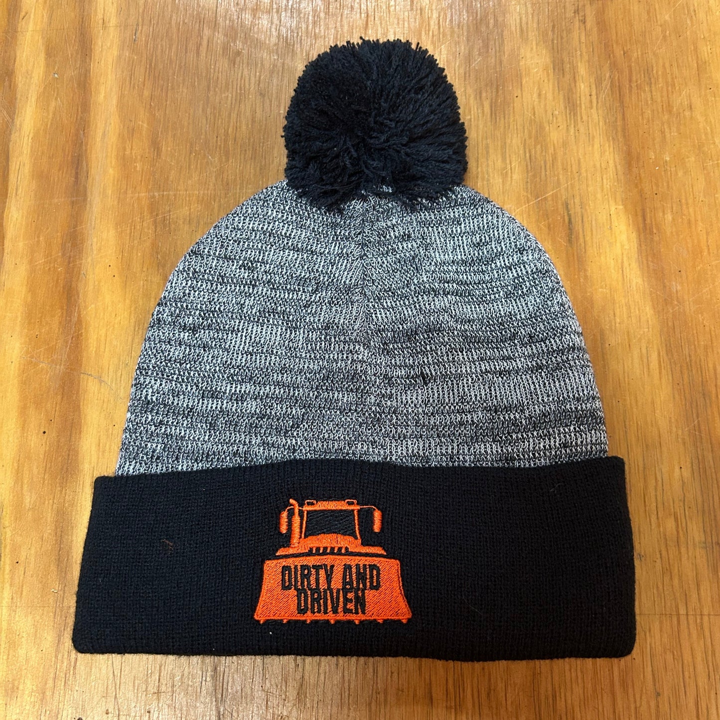 DIRTY AND DRIVEN Cotton Ball Beanie- Gray and Black w/ Orange Logo